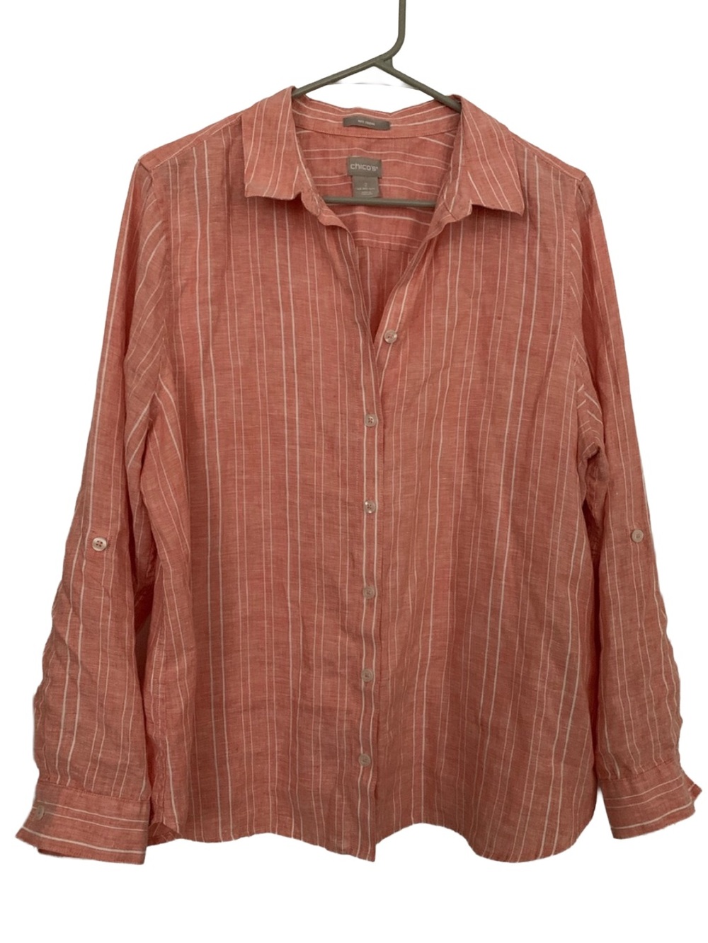 CHICOS Women’s Pale Orange White Stripe No Iron Linen Button Down Shirt